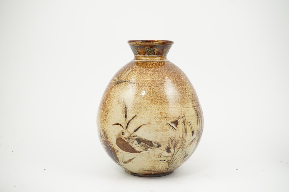 Robert Wallace Martin for Martin Brothers: A salt-glazed stoneware vase decorated with a pond scene